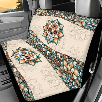 AFPANQZ Skull Boho Flower Car Seat Cover for Women Men Polyester Fabric Protector Accessories Soft Washable Decorations Cloth Backseats Rear Seat Cushion Protection