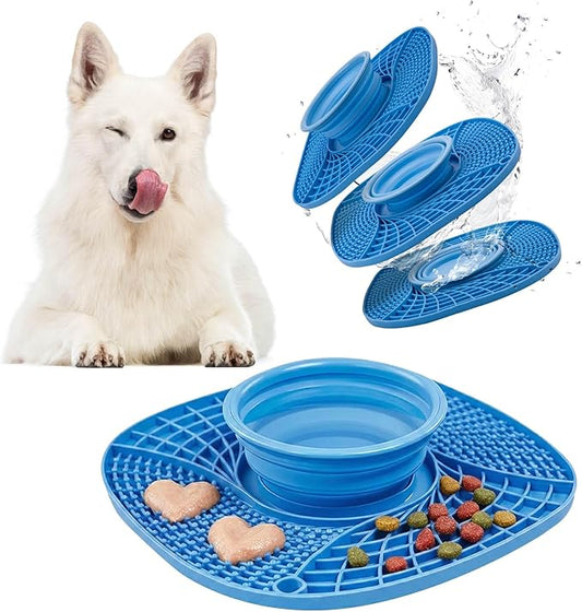 BelleBête & Co. 3-in-1 Pet Slow Feeder Lick Mat with Collapsible Bowl for Dog & Cat – Food-Grade Material & Non-Slip Base for Kibble, Dry and Wet Food, Digestive Health & Reduce Anxiety | Blue