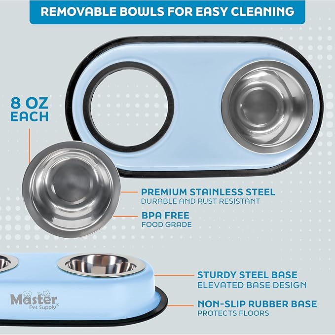Master Pet Supply Double Dog Bowls Set with Elevated Base and 2 (8 oz) Stainless Steel Removable Dishes (Glacier Blue) – Double Cat Food Water Bowl, Dog Puppy Food Bowl Set, Rust Resistant