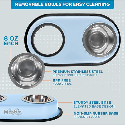 Master Pet Supply Double Dog Bowls Set with Elevated Base and 2 (8 oz) Stainless Steel Removable Dishes (Glacier Blue) – Double Cat Food Water Bowl, Dog Puppy Food Bowl Set, Rust Resistant