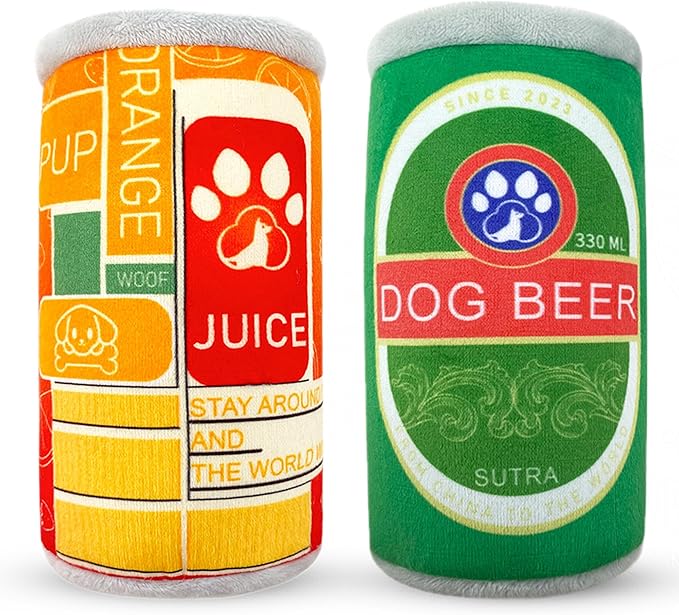 Squeaky Plush Dog Toys 2 Pack - Funny Beer Puppy Toys with Squeaker for Small Medium Large Dogs, Soft Stuffed Chew Toys for Birthday Gifts(Green&Orange)