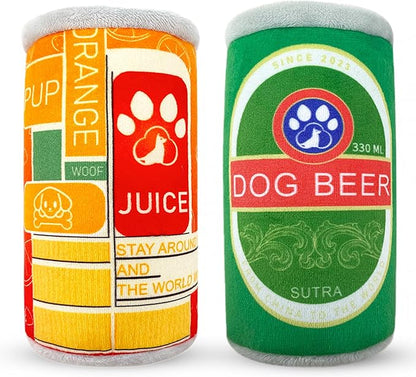 Squeaky Plush Dog Toys 2 Pack - Funny Beer Puppy Toys with Squeaker for Small Medium Large Dogs, Soft Stuffed Chew Toys for Birthday Gifts(Green&Orange)