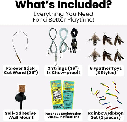 Forever Stick with Cat Toys and Strings Bundle - The Unbreakable Cat Wand Toy, Durable Cat Toy Wand, Extra Long Cat String Toy, Cat Fishing Pole Toy for Bored Indoor Adult Cats, Cat Stick Toy