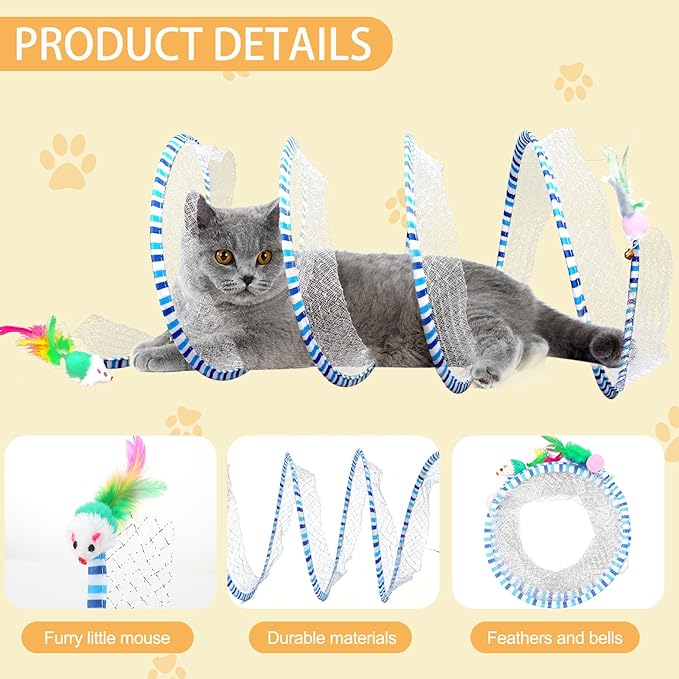 2-Pack Large Cat Tunnel Beds - Indoor & Outdoor,Kitten Collapsible Spring Tunnel Toy with Feather and Bell,Interactive Spring Toys for Cats & Kittens（Yellow and Blue）