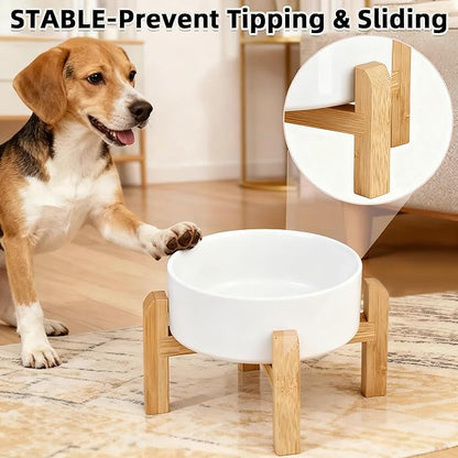Elevated/Raised Ceramic Dog Bowl with Bamboo Stand,8 inch 7.6 Cups Non-Slip Heavy-Weighted Single Pet Dish,Reduces Neck Strain White