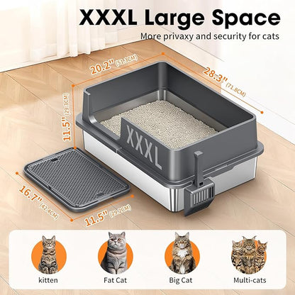 2PACK XXXL Stainless Steel Cat Litter Box with High Sides Lid, Large Litter Box for Big&Multiple Cats, Metal Kitty Litter Boxes with Footboard & Scoop, Anti-Leakage, Non-Sticky, 28.3×20.2×11.5inch