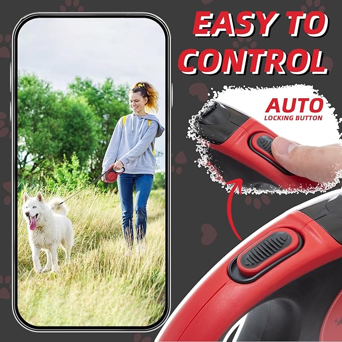 PUPTECK Retractable Dog Leash With Anti-Chewing Steel Wire, 360Tangle-Free Pet Walking for Small Medium Large Dogs, Heavy Duty up to 110lbs, 16ft Strong Reflective, One-Hand Brake Red