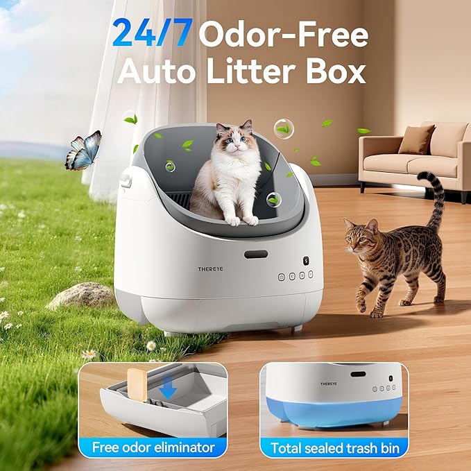 Thereye Automatic Litter Box, Self Cleaning Litter Box for Multiple Cats, APP Control and Safety Sensors, Odor Control, Open-Top Smart Cat Litter Box with Trash Bags/Litter Mat