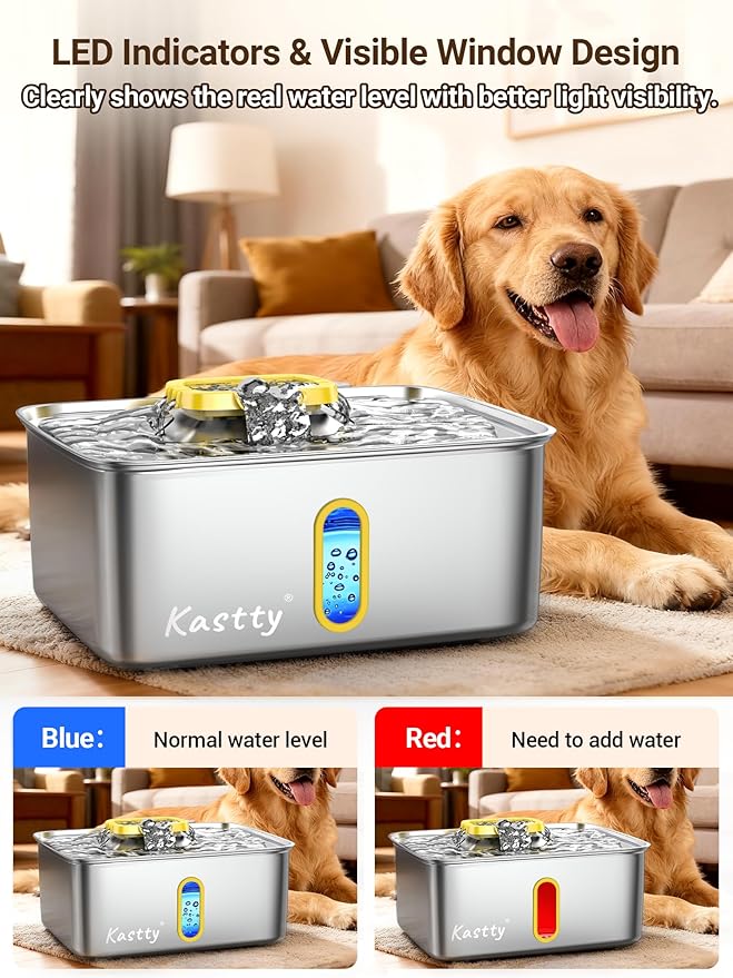 Kastty 15L/3.96 Gal Stainless Steel Dog Water Fountain, Large Capacity Dog Water Bowl Dispenser Quiet LED Light Triple Filtration Cat Water Fountain,Pet Water Fountain Easy Clean(FS78,Yellow)