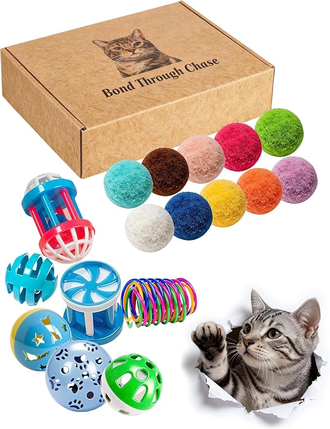 20 Pack Cat Toys Balls Indoor Kitten Toys, with PP Bell Balls, Plush Balls and Spring Toys for Kittens and Cats Play (1.5'' - 2.2'')