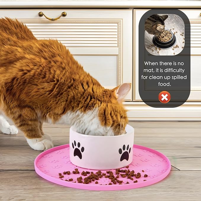 Silicone Pet Food Mat - Waterproof Dog Food Bowl Mat Cat Feeding Mat Thicker Pet Placemat Eating Mat with High Lip to Prevent Spills, Dog & Cat Water Bowl Mat for Messy Drinkers to Protect Floors,Pink