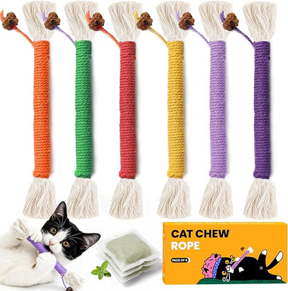 Kitten Toys, Cat Chew Toy for Teeth Cleaning, Catnip Rope Toys for Indoor Kittens, Interactive Cat Nip Teething Toys for Cats, Kitty Kicker Toy, 6 Pack (Plus 3 Pouches of Catnip)