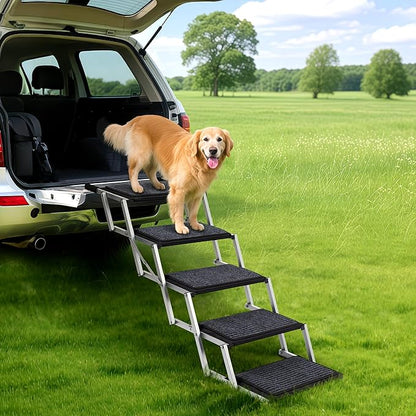 Extra Wide Dog Steps for Car, Truck and SUV - Foldable Pet Stairs for Large Dogs with Non-Slip Rug Surface, Lightweight Dog Ramp Holds Up to 250lbs, 5 Steps