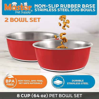 Master Pet Supply Stainless Steel Dog Bowls Set of 2 (64 Oz Each) with Non-Slip Rubber Base - Crimson Flame - Basic Dog Food Bowl Water & Food Bowls for Small Medium Large Dogs & Cats, Metal Dish