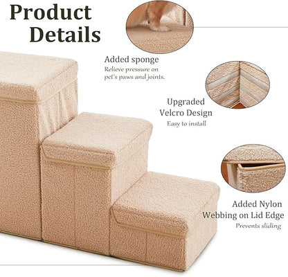 Dog Stairs with Storage, 3-Step Sturdy Dog Steps for Small Medium or Large Older Dogs Cats, Folding Pet Stairs Climbing Sofas, high beds, Windows and Cars (Beige, No Condo,16.7" H)