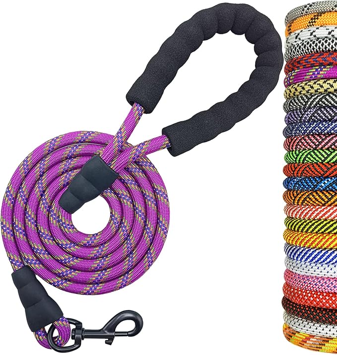 MayPaw Heavy Duty Rope Dog Leash, 6/8/10/15/20 FT Long Nylon Pet Leash, Soft Padded Handle Thick Lead Leashes for Large Medium Dogs Walking Recall Training (6ft * 1/2", Purple)
