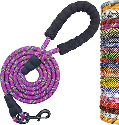 MayPaw Heavy Duty Rope Dog Leash, 6/8/10/15/20 FT Long Nylon Pet Leash, Soft Padded Handle Thick Lead Leashes for Large Medium Dogs Walking Recall Training (6ft * 1/2", Purple)