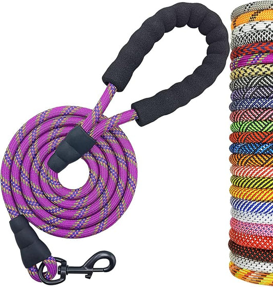MayPaw Heavy Duty Rope Dog Leash, 6/8/10/15/20 FT Long Nylon Pet Leash, Soft Padded Handle Thick Lead Leashes for Large Medium Dogs Walking Recall Training (6ft * 1/2", Purple)