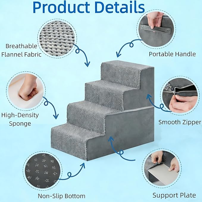 Simple Deluxe Dog Stairs for Small Dogs, 4-Step Dog Step for Puppy, Older Cat, Medium Pet Ramp for Sofa, Couch or Chair, Indoor Non-Slip Pet Ladder with High Density Foam, Gray