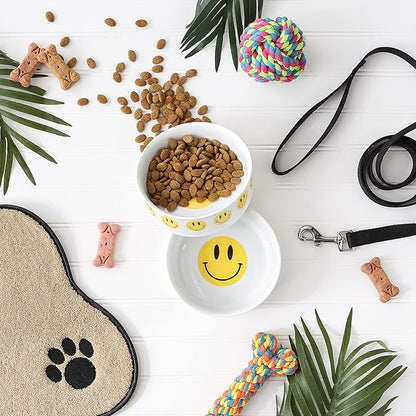 Bone Dry Ceramic Food Bowls, Non-Slip & Dishwasher Safe, Medium Set, 6x2, Smiley Face, 2 Count
