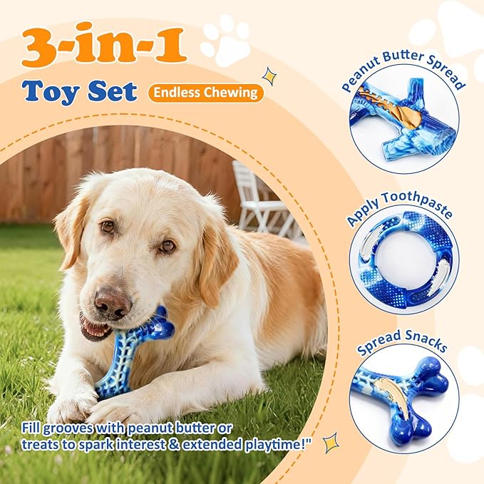 Furdog Indestructible Dog Toys for Aggressive Chewers 3 Pack, Tough Dog Toys for Large Dogs Chew Toys Keep Them Busy, Bacon Flavor, Blue