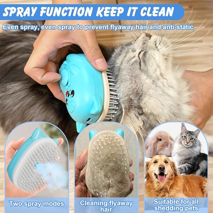 3 in 1 Cat Steam Brush for Shedding, Pet Steam brush for Dog & Cat Shedding & Grooming, for Long & Short Haired Pets, Spritz Defur Comb (sky blue)