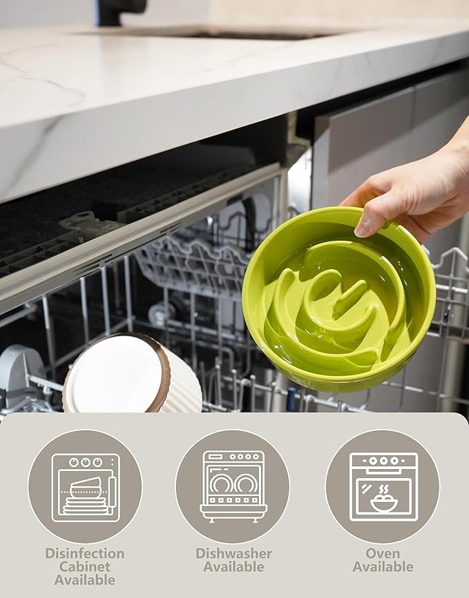 Ceramic Slow Feeder Dog Bowls, 0.6 Cup Slow Feeder for Small Dogs, Puzzle Maze Bowl, Prevents Choking, 6in, Green