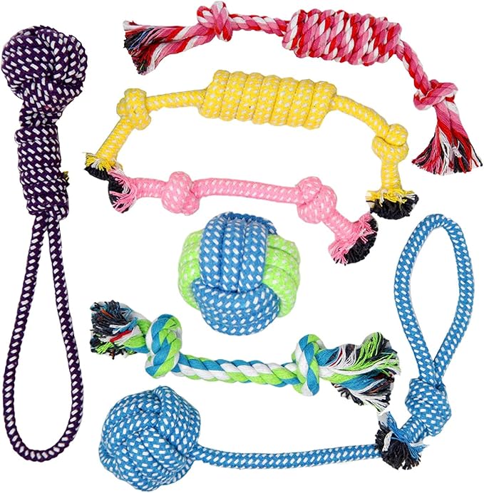BK PRODUCTS LLC 7 Dog Chew Toys Made of All-Natural Cotton for Small Breeds and Puppies – Dog Rope Toy Set Stimulates Gums, Helps Fight Plaque and Relieves Boredom and Separation Anxiety