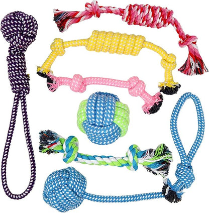 BK PRODUCTS LLC 7 Dog Chew Toys Made of All-Natural Cotton for Small Breeds and Puppies – Dog Rope Toy Set Stimulates Gums, Helps Fight Plaque and Relieves Boredom and Separation Anxiety