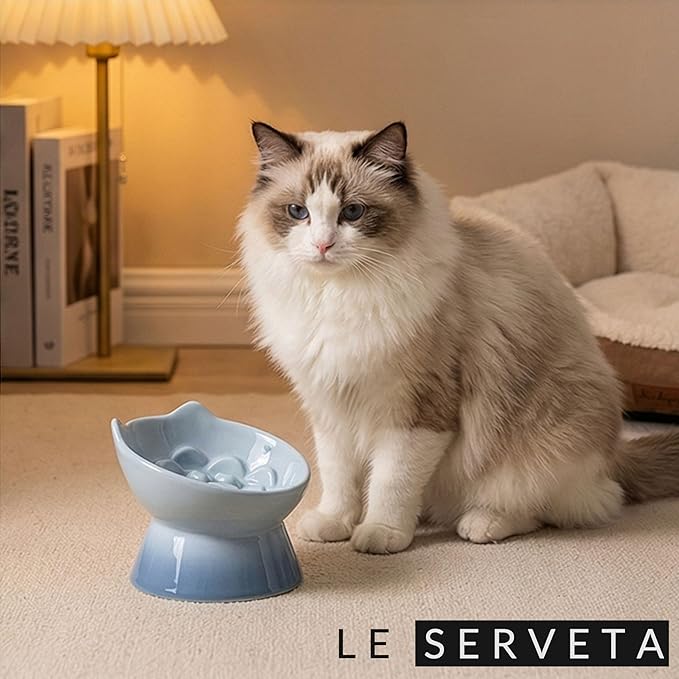 Macarons Series Ceramic Slow Feeder Cat Bowl, Raised Puzzle Feeder, Anti Vomiting Cat Slow Feeding, Elevated Food Bowl, Whisker Friendly Pet Bowl with Cute Ear Design (Gradient Yellow)