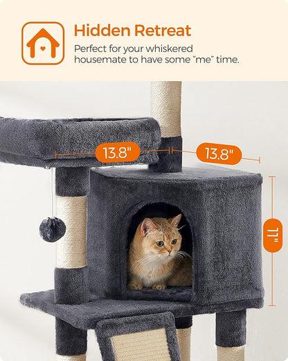 Feandrea Cat Tree, 45.3-Inch Cat Tower, Plush Condo with Scratching Post, Ramp, Perch, Spacious Cave, for Small Space, Smoky Gray UPCT141G01