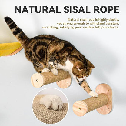 Wall Cat Bed Moon Hammock Wall Mounted Shelf with 2 Steps Climbing Sheves and Sisal Platforms Rope Scratching Post Wood Wall Furniture Bridge Ladder Wooden Indoor Cats Wall Bed-Moon Set
