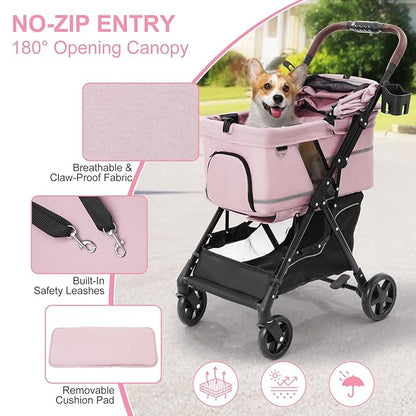 NO-Zip Pet Stroller for Small Dogs & Cats, Lightweight Dog Stroller with Reflective Safety Strips, One-Hand Fold, Claw-Proof Mesh, Breathable Travel Carriage, 33lbs Capacity, Pink