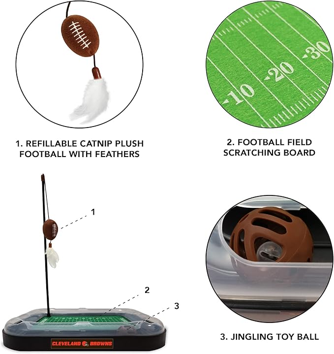 Pets First Cat Toy NFL CLEVELAND BROWNS FOOTBALL FIELD CAT SCRATCHER TOY with CATNIP Filled Plush FOOTBALL Toy & Feather Cat Toy hanging, with Jingle Bell INTERACTIVE BALL Cat Chasing 5-in-1 KITTY Toy