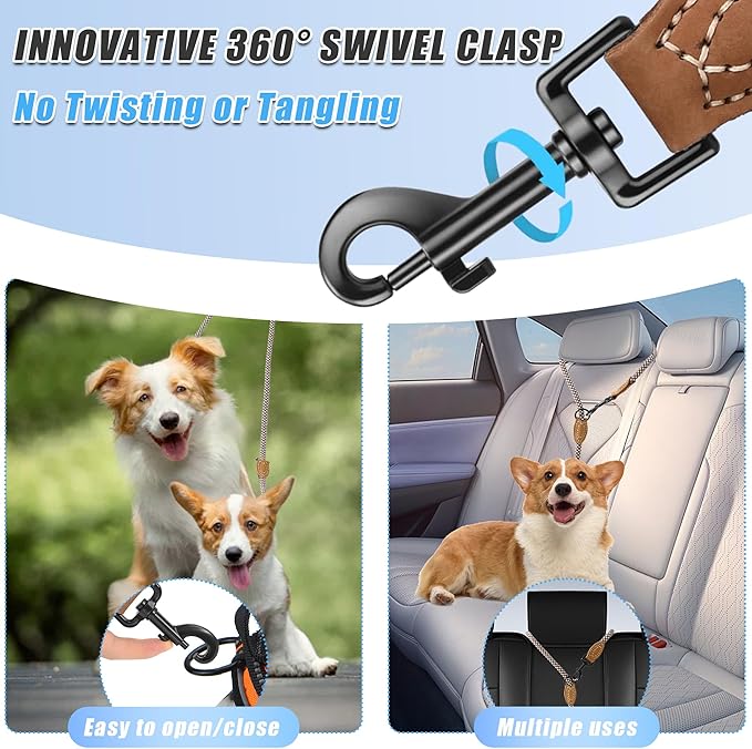 Mile High Life Dual Dog Leash - Double, Hands Free, 360 Swivel, Leather Tailored Connection, Brown, 8FT