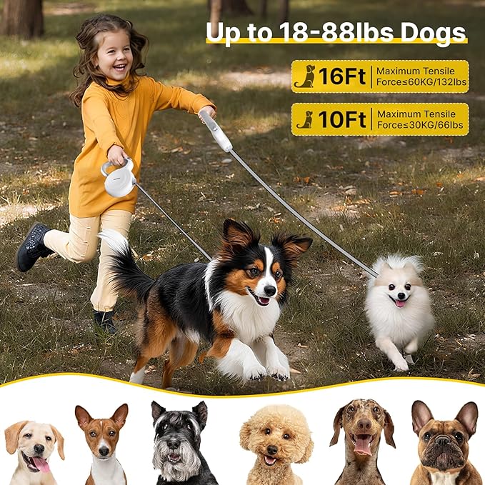 10Ft Auto-Brake Retractable Dog Leash for Small Medium Dogs Light Weight 360° Tangle-Free Strong Nylon Tape and Ergonomic Anti-Slip Soft Handle One-Handed Brake