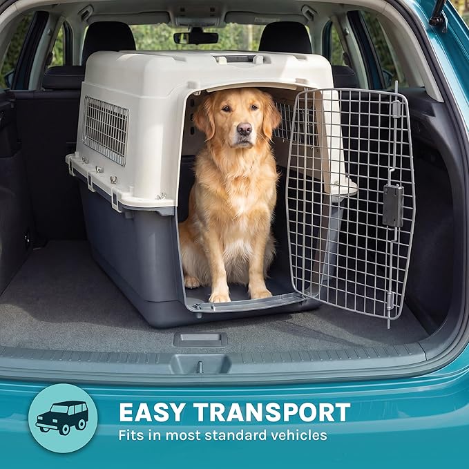 SportPet Airline Compliant X-LARGE 32.25" Travel Dog Kennel-Durable Plastic Airline Pet Carrier w/Removable Wheels & Food Bowls, Collapsible Indoor/Outdoor Dog Kennel, Dog up to 32"L & 23"H-Cream/Gray
