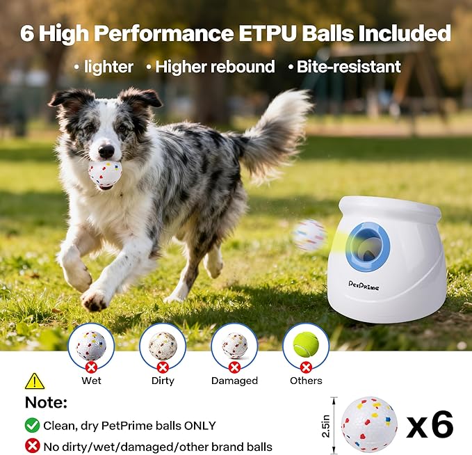 Pet Prime Upgraded Automatic Ball Launcher for Large Dogs,Rechargeable Dog Ball Thrower for Outdoor Exercise & Interactive Play,Adjustable 10-64ft Thrower with 6PCS 2.5" ETPU Balls,1 Dog Whistle