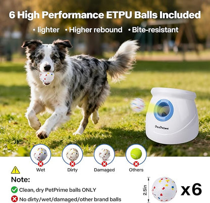 Pet Prime Upgraded Automatic Ball Launcher for Large Dogs,Rechargeable Dog Ball Thrower for Outdoor Exercise & Interactive Play,Adjustable 10-64ft Thrower with 6PCS 2.5" ETPU Balls,1 Dog Whistle