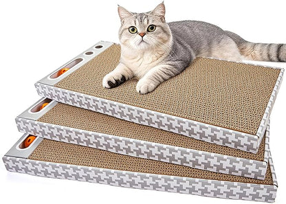 Cat Scratching Board 3 Pack – Reversible Cardboard Scratcher for Indoor Cats, Wide Boxed Scratch Pads with Bell Ball, Durable Corrugated scratchers as Furniture Protector