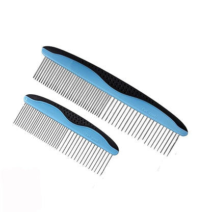 Pet Metal Comb for Dogs and Cats (2-Pack) - Stainless Steel Rounded Teeth for Painless Detangling - Dual-Spacing for Small & Large Pets with Comfort Grip Handle - Professional Grooming Tools