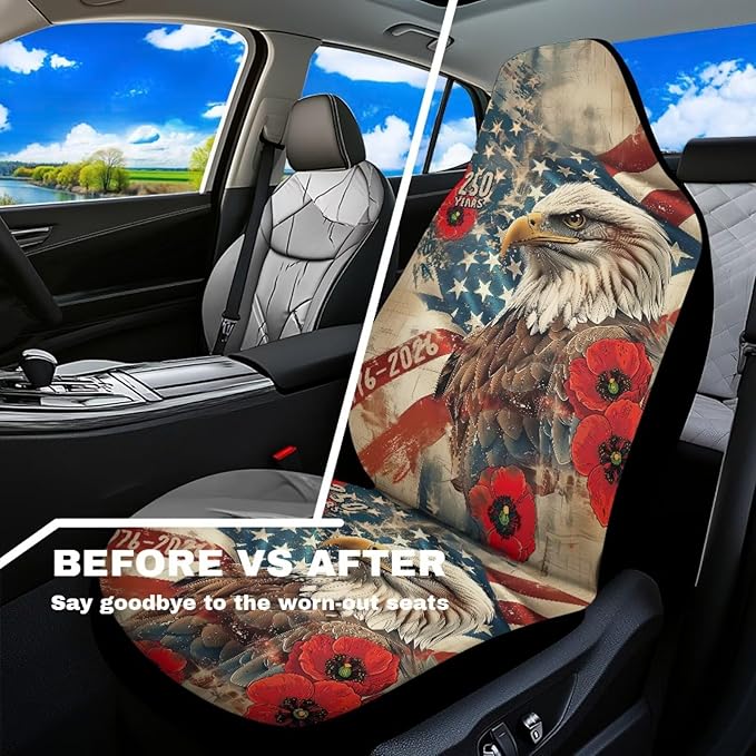 250th Anniversary Car Seat Covers 2 Pcs Waterproof Front Seat Covers Vintage Eagle Flag Bucket Seat Cover Car Interior Accessories for Women Men
