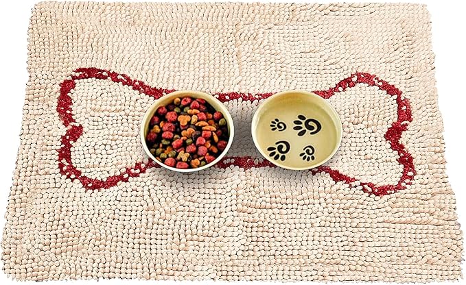 Soggy Doggy Slopmat Dog Food Mat – Absorbent Microfiber Chenille Pet Feeding Mat for Food & Water Bowls, Muddy Paws Small Doormat, Non-Slip, Machine Washable Rug – Beige/Red Bone, 18” x 24”