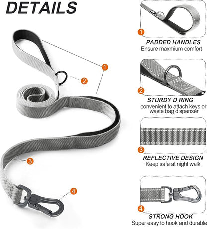 TwoEar 6FT 1IN Strong Gray Dog Leash with 2 Padded Handles, Traffic Handle Extra Control, Comfortable Soft Dual Handle, Auto Lock Hook, Reflective Walking Lead for Small Medium and Large Dogs