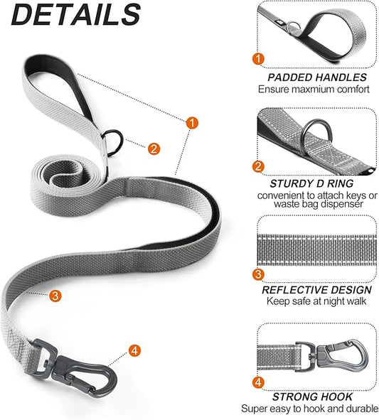 TwoEar 5FT 1IN Strong Gray Dog Leash with 2 Padded Handles, Traffic Handle Extra Control, Comfortable Soft Dual Handle, Auto Lock Hook, Reflective Walking Lead for Small Medium and Large Dogs