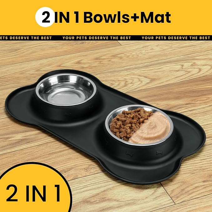 Medium Pet Feeding Station, 29oz Stainless Steel Dog Bowls Set, No Spill Food & Water Dishes with Non Slip Silicone Mat for Breeds Up to 55 Lbs,Black
