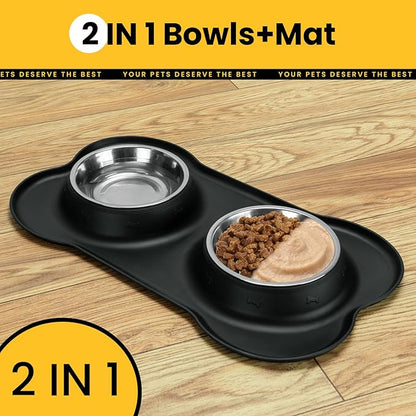 Medium Pet Feeding Station, 29oz Stainless Steel Dog Bowls Set, No Spill Food & Water Dishes with Non Slip Silicone Mat for Breeds Up to 55 Lbs,Black