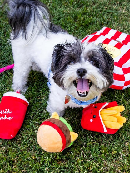 Glow Pups Dog Toys, Squeaky Plush Food Parody Dog Toy with Fun Fast Food Design, Durable Plush Material for Small to Medium Dogs (3 Pack: Hamburger, Fries, Milkshake) - Red