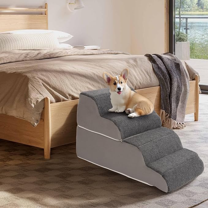 4 Steps Dog Stairs for Sofas, Chairs, Stairs, or Windowsills, 16.9" Tall Pet Steps for Small to Medium Dogs & Cats, Waterproof with Removable Cover & PE Support Board