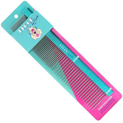 Floof by Brodie Everydog Comb, 8 in. Greyhound Style Fine/Coarse Fur Comb for Dogs and Puppies, Cats; Rounded Corners Prevent Friction and Breakage, Solid Brass with Steel Teeth, Chrome Finish